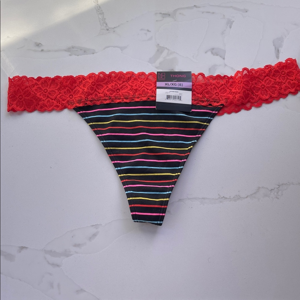 NWT No Boundaries Thong Panty Black Stripes Red Lace Sissy Festival Playful Boho